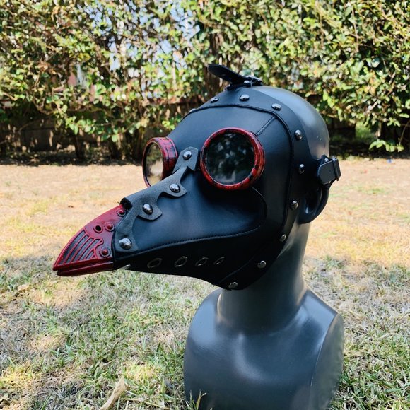 Black Leather Plague Doctor w/ Red Goggles Beak Masquerade Venetian Party Mask - Picture 2 of 3